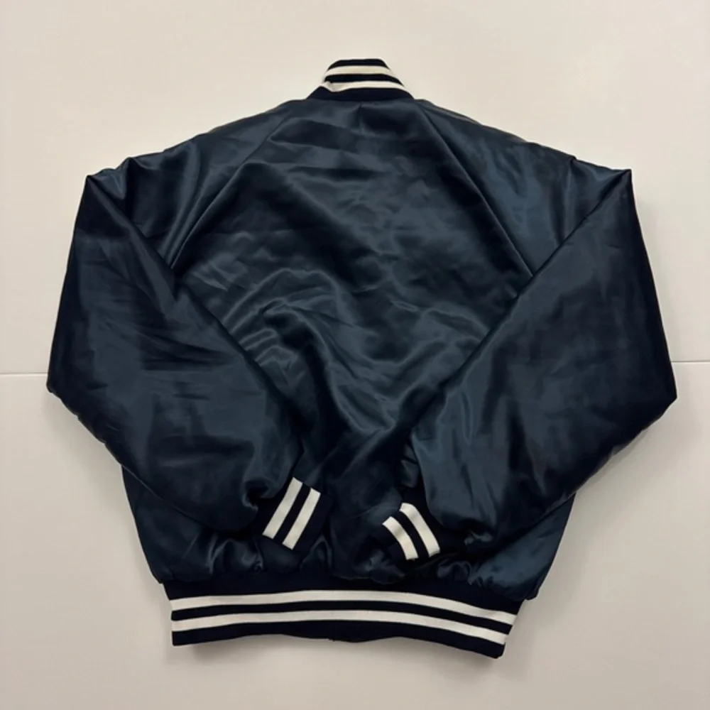 Vintage‎ Pepsi Cola Patch Satin Snap Button Bomber Jacket Navy Blue Medium
